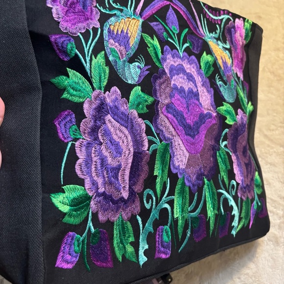 NEW Tote Bag Black Canvas Embroidered Floral Birds Purple Green Teal Zippered - Picture 10 of 16